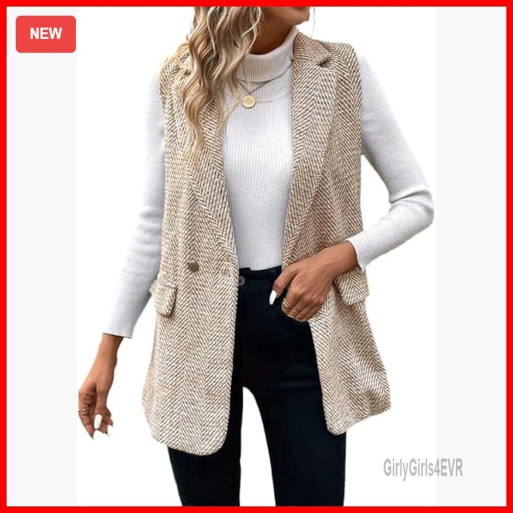 Women's Herringbone Tweed Vest Sleeveless Blazer Double Breasted Office Wear